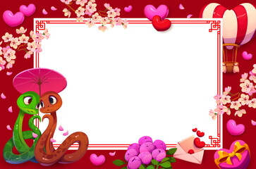 Valentine day holiday diploma with gifts, snakes couple, hearts and flowers, vector poster. Valentine day diploma or photo frame with cartoon snake characters in love, wedding gifts and heart balloon