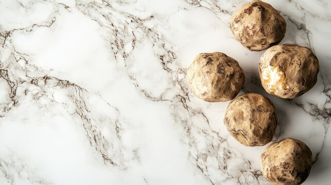Fresh Whole Yacca Roots on Marble Surface, Showing Natural Textures and Unique Shapes, Ideal for Culinary and Health-Focused Stock Photography