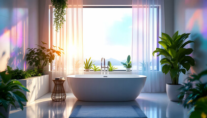 Tranquil Modern Bathroom with Scenic View and Lush Plants Inviting Serenity and Wellness