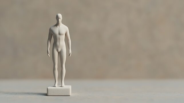 A minimalist figurine model stands on a base, showcasing a simple human form against a soft, neutral background.