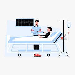 Male visitor with female patient in hospital bed, flat vector illustration symbolizing care, support, and recovery, isolated on white background.