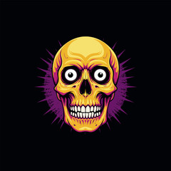 A stylized illustration of a golden skull with exaggerated features against a dark purple background.