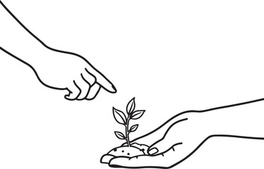  hands of father and son planting a tree together. Global tree plantation day. 