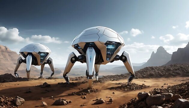 Futuristic Robotic Probes Explore Alien Desert Landscape