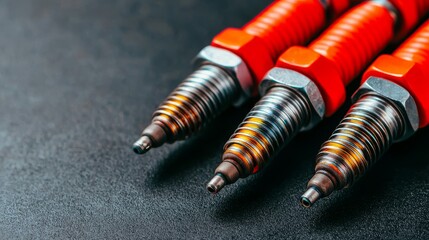 Mechanics repair equipment to ensure durability. Close-up of spark plugs with red accents on a dark surface.