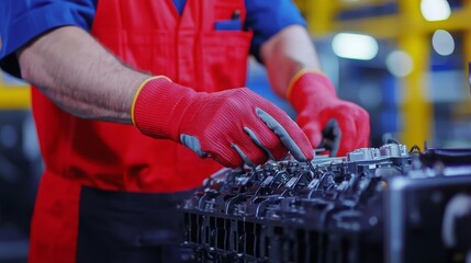 Mechanics repair equipment to ensure durability. Worker in red gloves assembling an engine in a factory setting.