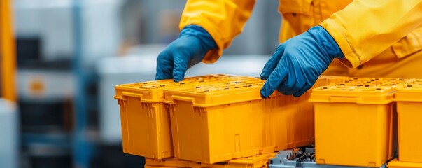 Mechanics repair equipment to ensure durability. Worker handling bright yellow storage containers in a warehouse environment.