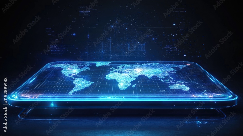 Poster futuristic digital world map on a smartphone with neon blue glow displaying data visualization and c