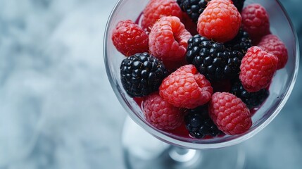 A Vibrant Display of Fresh Berries in a Glass Cup with a Soft Focus Background Highlighting the Juicy Textures and Bright Colors of Raspberries and Blackberries