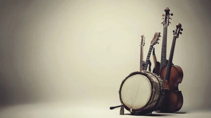 Naklejka premium A Collection of Musical Instruments Featuring Guitars, a Banjo, and a Violin in an Artistic Display Against a Soft Neutral Background