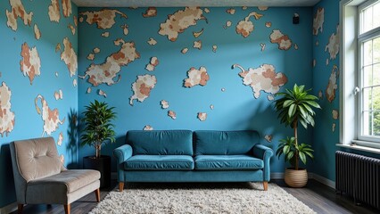 A plush, azure couch commands attention in a cozy room, flanked by a sleek, gray tufted chair. Rich dark wood floors complement the inviting setup, with walls softly framing the warm scene