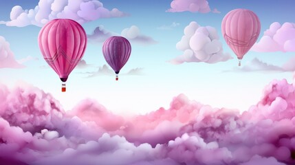 Fototapeta premium Magical Hot Air Balloons Floating Above Dreamy Pink Clouds in a Serene Fantasy Sky