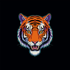 A stylized illustration depicts a tiger's head with a fierce expression, showcasing vibrant colors and intricate details.