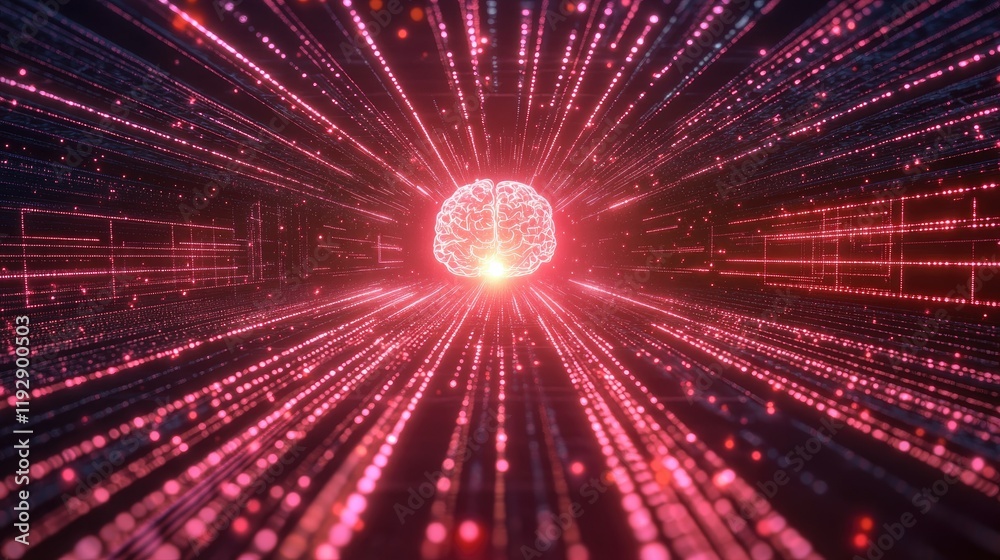 Poster abstract digital visualization of a brain surrounded by vibrant light trails and data streams repres