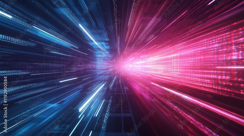 Poster Dynamic Abstract Visual of Light Rays and Data Streams in Red and Blue Colors Representing Digital Technology and Virtual Reality Concepts