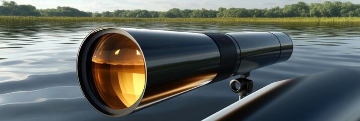 Close-Up of Telescope by a Serene Lake Surrounded by Lush Forest at Dusk