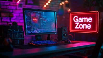 Neon-lit game zone with a gamer's hand on a keyboard. Represents focus, technology, and immersive gaming with vibrant lighting effects.
