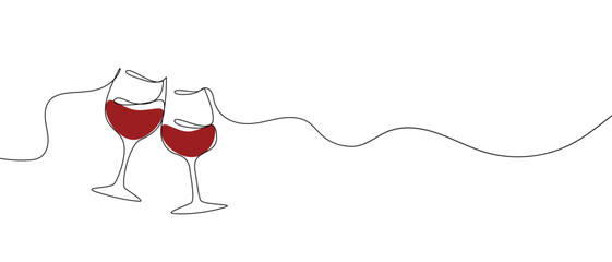 One continuous line of  hand-drawn glasses of wine cheering isolated on a white background.