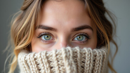 A woman gazes intently, wrapped in a chunky knit sweater that covers half her face, creating a warm and serene atmosphere.