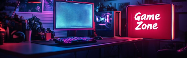 Neon-lit game zone with a gamer's hand on a keyboard. Represents focus, technology, and immersive gaming with vibrant lighting effects.