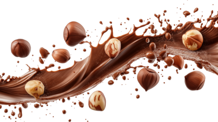 Splash of chocolate with hazelnuts isolated on a transparent or white background