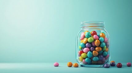 A glass jar filled with colorful candies.