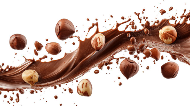 Splash of chocolate with hazelnuts isolated on a transparent or white background