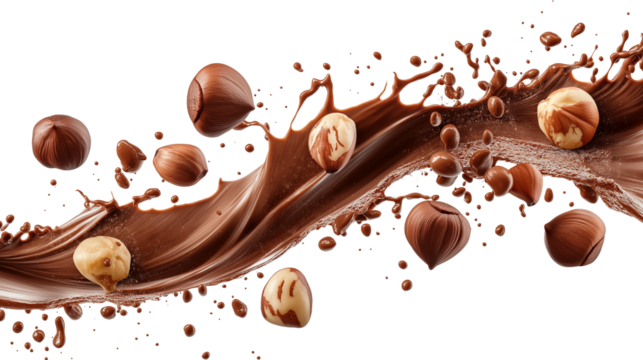 Splash of chocolate with hazelnuts isolated on a transparent or white background