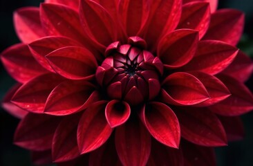 Close-up. Dark red dahlia flower forms an abstract pattern. Takes up the entire area. Poster.
