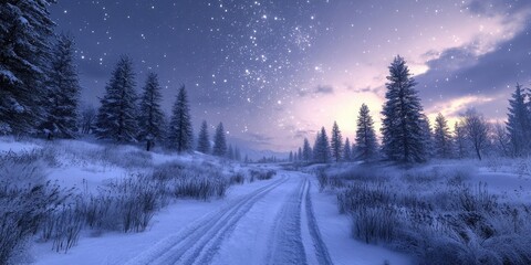 Fototapeta premium Beautiful winter landscape with starry sky, snow-covered road and forest in the background. Winter wonderland with beautiful stars at night. Snowy scene