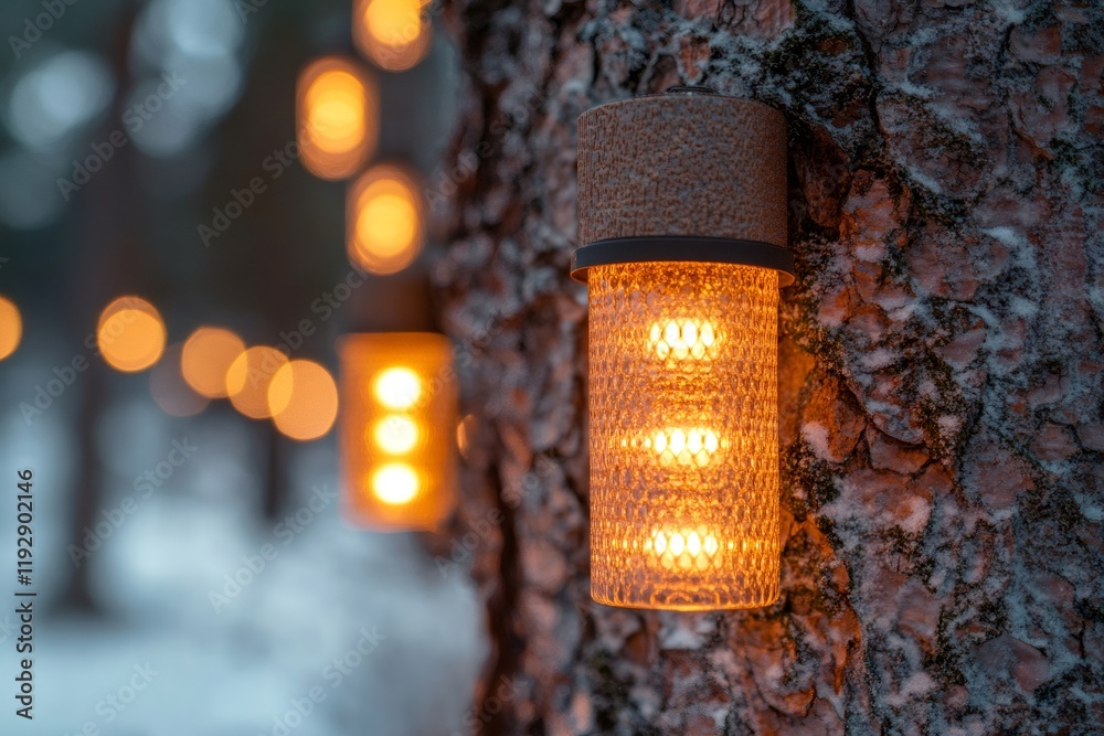 Wall mural glowing string lights hanging on snowy tree trunks creating a magical winter wonderland