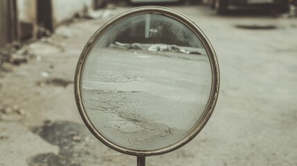 Close-up of a weathered, round, metallic convex mirror reflecting a street scene.