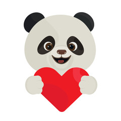 Cute panda character holding a red heart symbol in a cheerful expression and colorful setting