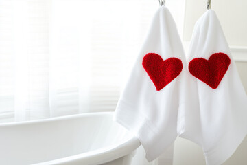 Cozy bathroom decor with white towels featuring red heart designs. valentines day