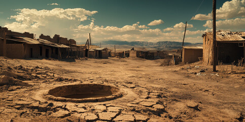 A desolate landscape featuring a dry, cracked ground with an abandoned village in the background. The clear blue sky contrasts with the arid terrain, evoking a sense of isolation.