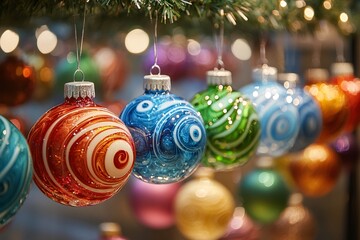 Colorful christmas balls hanging on christmas tree creating festive atmosphere