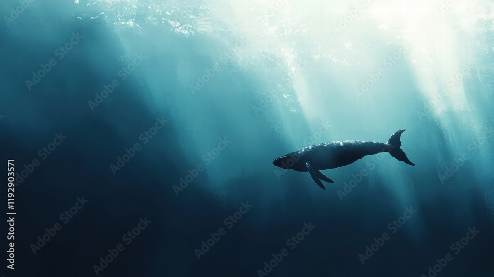 Poster Majestic whale gliding through crystal clear ocean depths illuminated by soft sunlight. Generative AI
