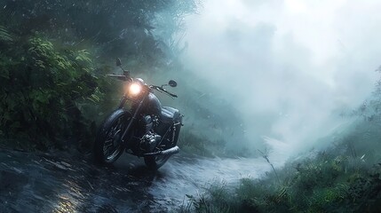 A dark motorcycle sits on a misty, forest road after rain.