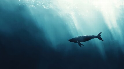 Fototapeta premium Majestic whale gliding through crystal clear ocean depths illuminated by soft sunlight. Generative AI