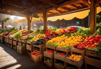 vibrant produce display featuring colorful fresh rustic farmhouse elements brightly lit market setting, fruits, vegetables, crops, marketplace, wood