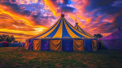 A large yellow and blue striped circus tent on the grass at sunset