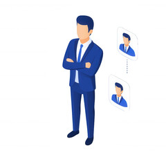 Professional man in a suit standing confidently with thought bubbles., isolated on a transparent background.