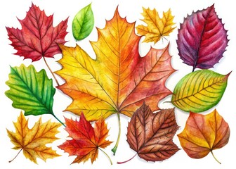 Obraz premium A collection of hand-drawn fall leaves, showcasing colorful foliage illustrations against a white backdrop.