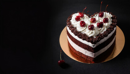 Heart shaped black forest cake with cherries and whipped cream