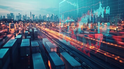 A stunning cityscape showcasing a futuristic view of logistics and data analysis, as colorful graphs overlay a bustling urban environment, symbolizing innovation and growth.