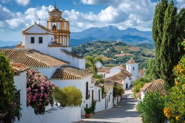 White village with church and mountain range in andalusia, spain