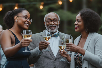 Three generations toast with champagne at an elegant outdoor event. A joyful family gathering, radiating warmth and happiness. The scene is beautifully lit.