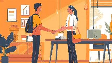Professional Employee Shaking Hands with Intern in Office Cartoon Vector Illustration