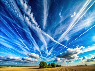 Aerial view: a canvas of azure, sculpted clouds, and fleeting contrail artistry.