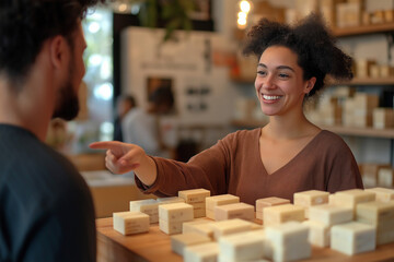 A female shop assistant enthusiastically shows a customer various handcrafted soaps. The shop has a warm, inviting atmosphere with natural light.